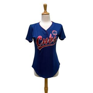 Chicago Cubs Shirt WMN Sm TX3 Cool Blue Red Metallic Snap Collar Short Slv MLB